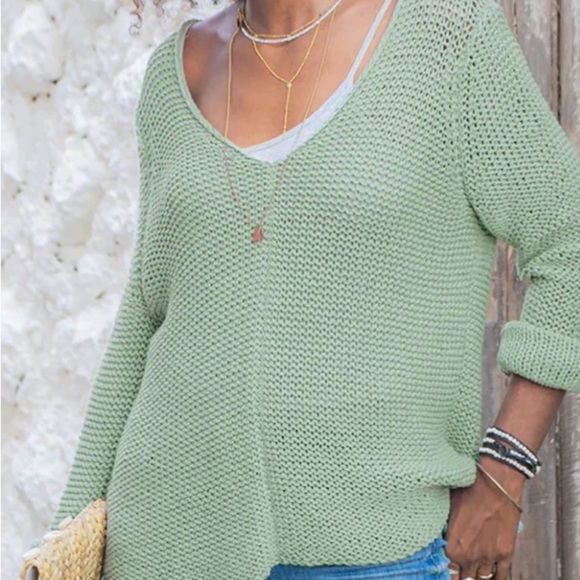 Wooden Ships Green V-Neck Sweater Relaxed Fit